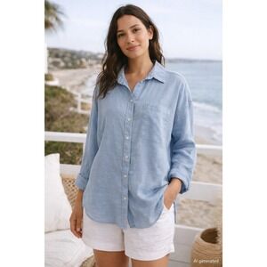 Zara Womens Linen Button Down Shirt XL Blue Oversized Long Sleeve Beach Preppy